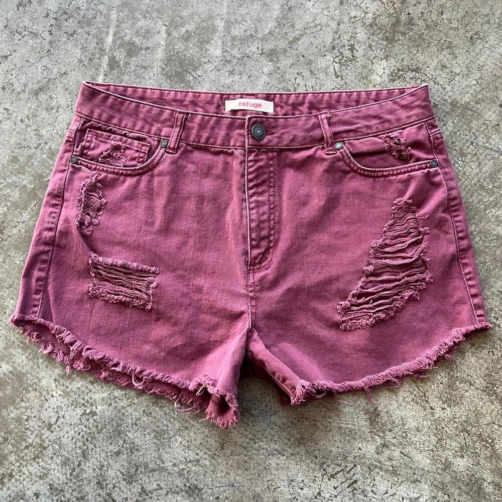 Refuge Mauve Pink Distressed High Waisted Denim Shorts Women's Size 14